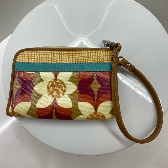 FOSSIL KeyPer Multicolor Floral Coated Canvas Brown Leather Wristlet Wallet - Picture 5 of 8